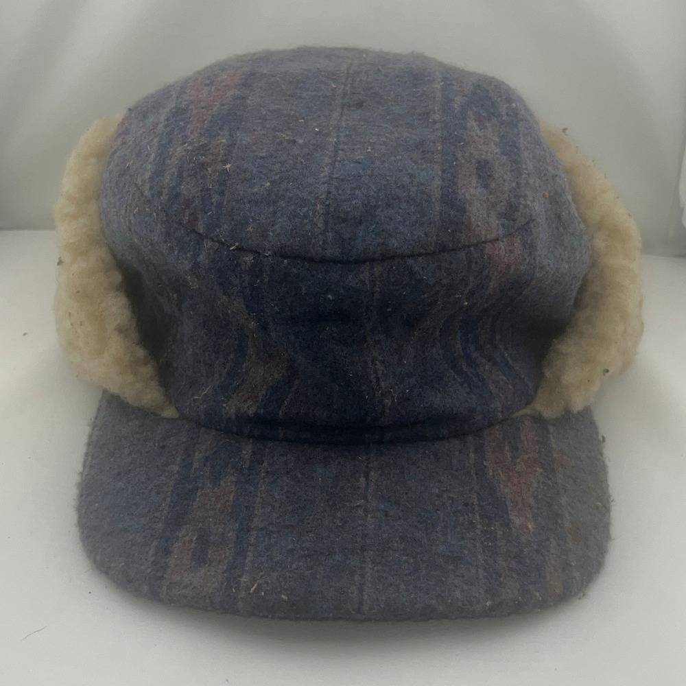Vintage Made in USA Wool Trapper‎ Hat Blue Striped Faux Shearling Ear Flap Cap L